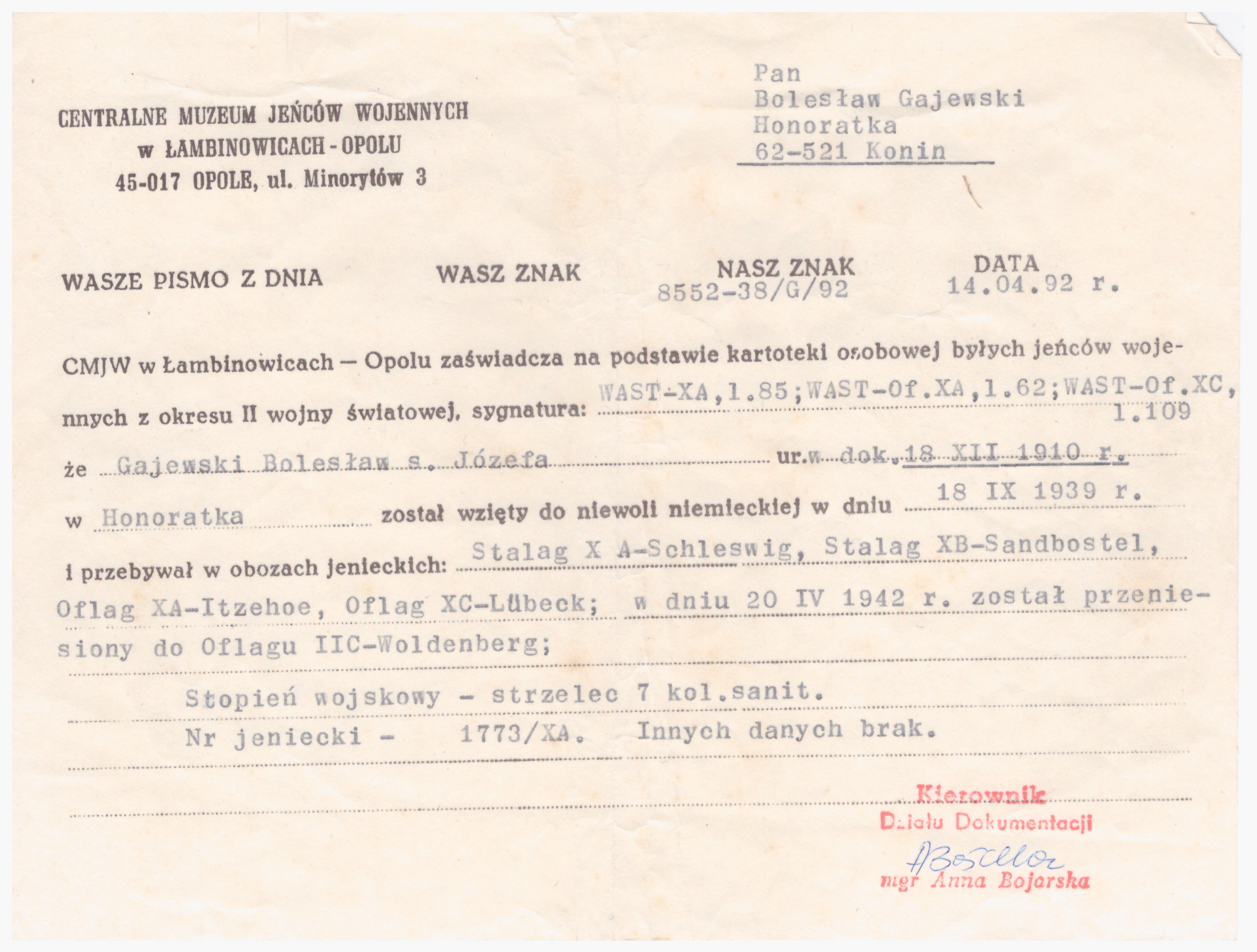 Zaświadczenie CMJW Łambinowice